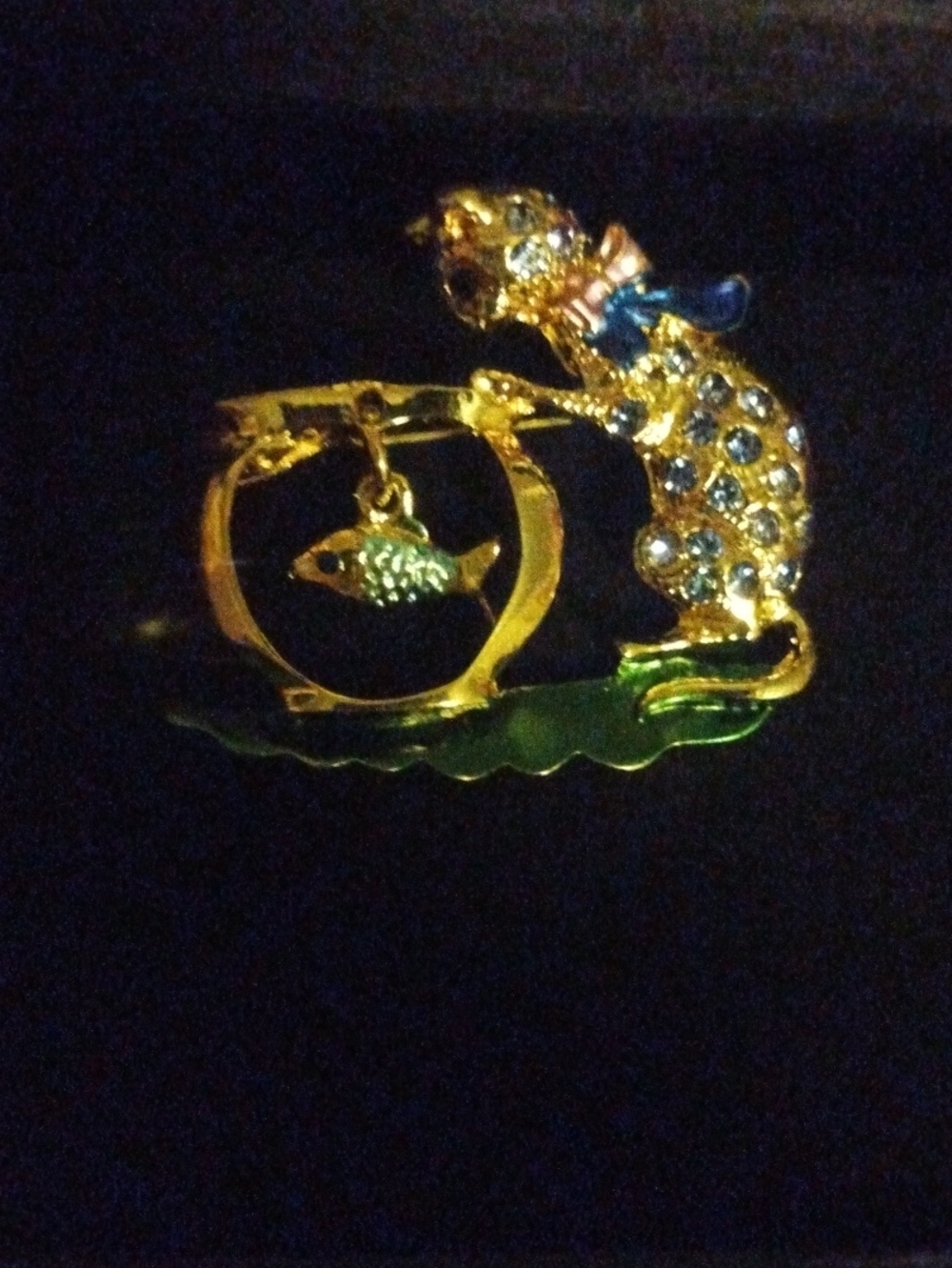 Gold-Tone Cat and Fish Brooch with Blue Ribbon Accent